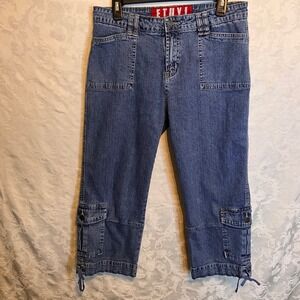 ETHYL‎ VINTAGE Denim Cargo Capri Jeans Women's Size 10 Blue Wash Tie Ankle